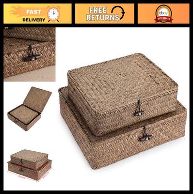 Set of 2 Natural Seagrass Wicker Storage Bins with Lid - Multipurpose Organizer