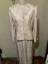 Adrianna Papell Womens Silk Skirt Set Cream Satin Embroidered Size 8 EUC A40