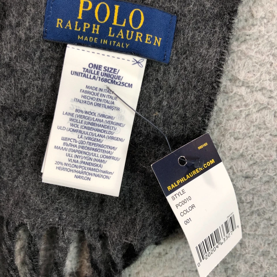 Polo Ralph Lauren Bufanda Negro Gris Ventana Lana Virgen Reversible Italia NUEVO Foto 4 de 4