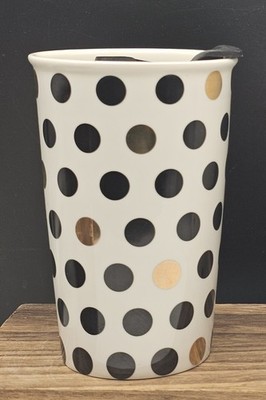 9oz White/Gold Polka Dot Double Walled Travel Tumbler with Lid
