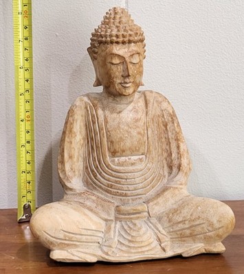 Hand Carved Wooden Buddah In Meditation 9'' Statue Natural Wood