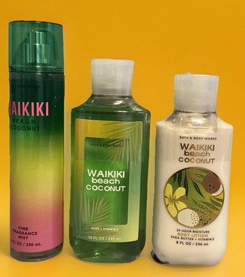 (3) Bath & Body Works WAIKIKI BEACH COCONUT Mist, Lotion & Shower Gel 8 Oz-New 