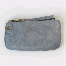 Joy Wallet Wristlet Clutch Card Holder Blue Grey Faux Leather Purse Miss Chain
