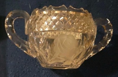 Antique ABP Cut Glass Crystal Sugar Bowl Intaglio Etched Rose Hobstar