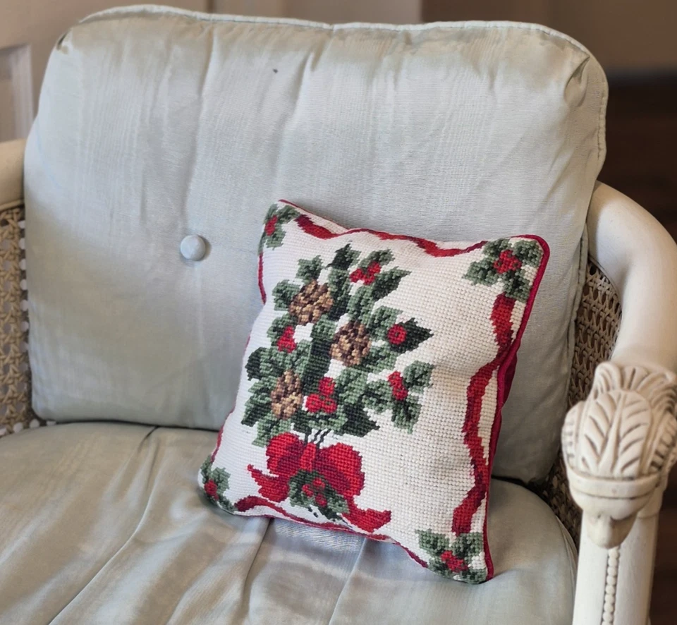 Christmas Linen Decor: Needlepoint Pillow Pine Cones, Holly & Ribbon 9"x9" - Image 3 of 4