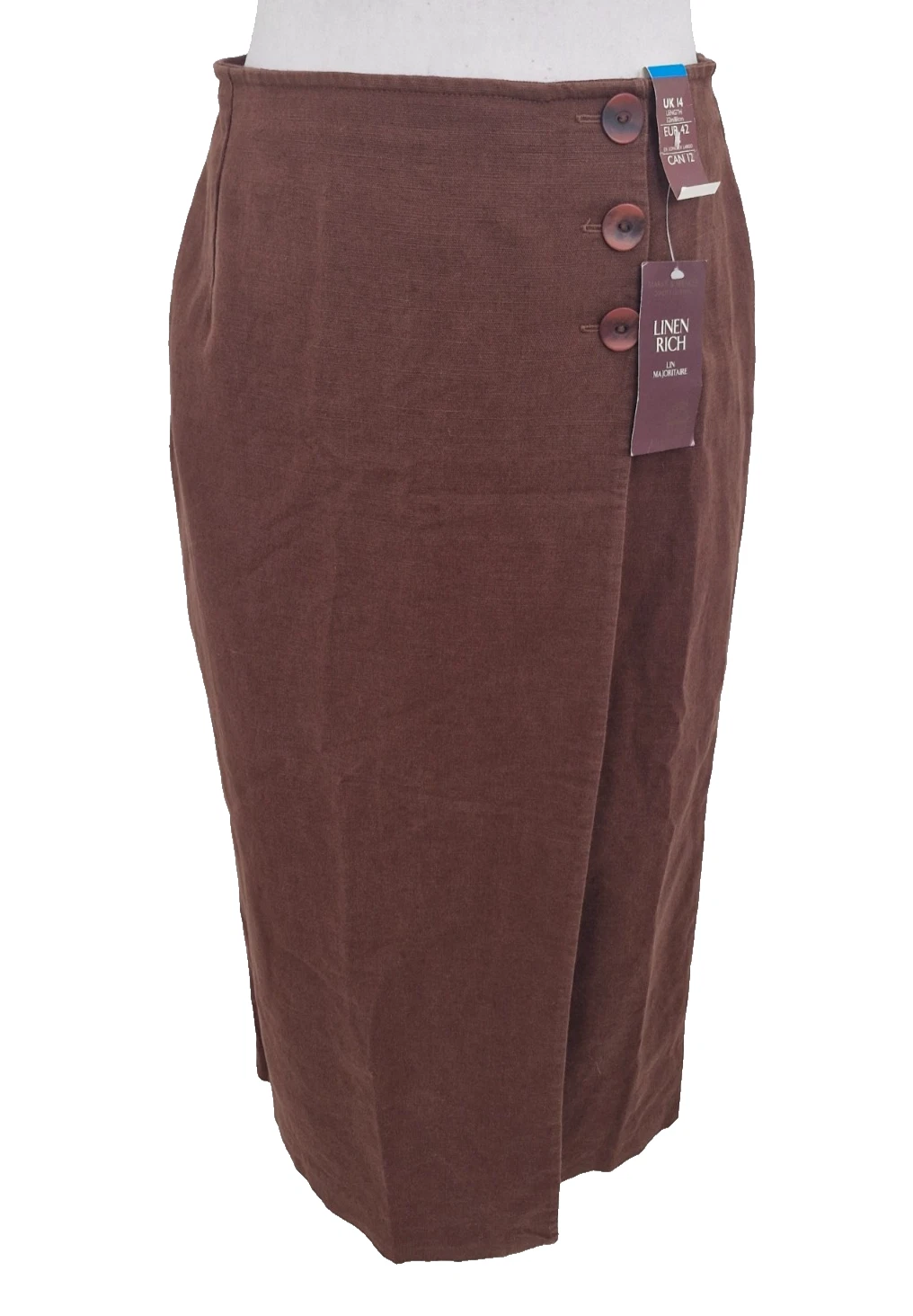 St Michael Women's Skirt Size 14 Brown Linen Pencil Wrap Button Waist Knee New