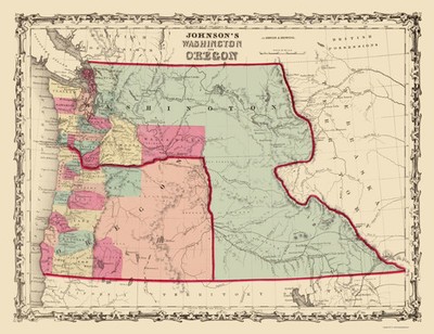 Historic State Map - Washington Oregon - Johnson 1860 - Vintage Wall Art
