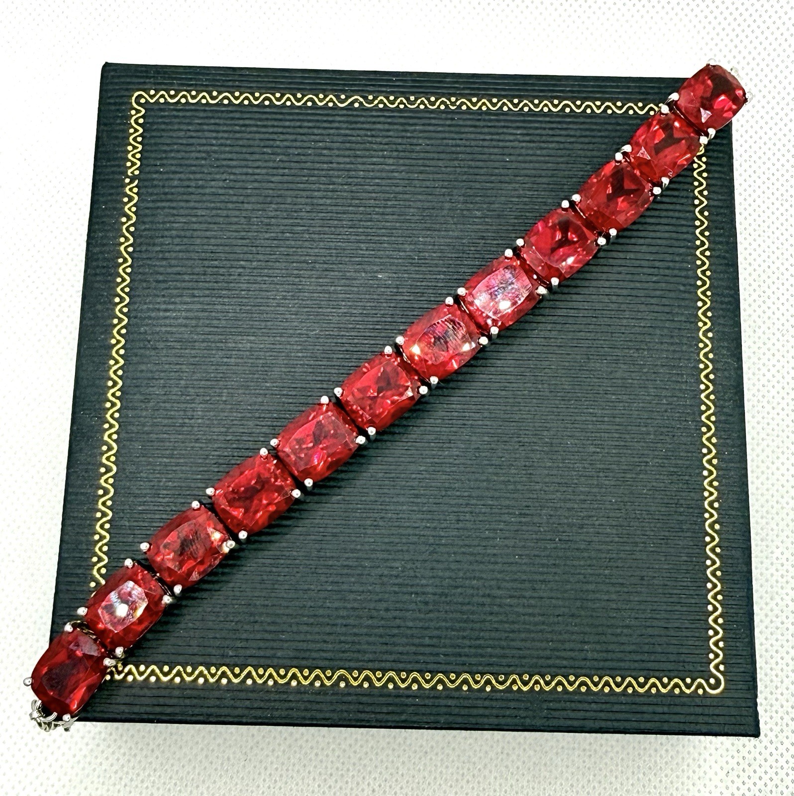 Sterling Silver Bracelet Red Ruby Large Chunky St… - image 1