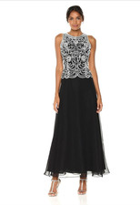 NWT J Kara Women's 10P Embellished Beaded Pearl Floral Chiffon Gown Maxi Dress