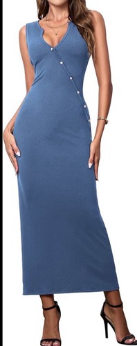 Blue Knit Maxi Dress Womens M Sleeveless V-Neck Button Accents Stretch