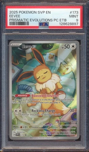 2025 POKEMON PRISMATIC EVOLUTIONS EEVEE POKEMON CENTER ETB #173 PSA 9!