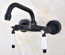 Oil Rubbed Bronze Bathroom Basin Sink Faucet Dual Handles Mixer Tap Wall Mount
