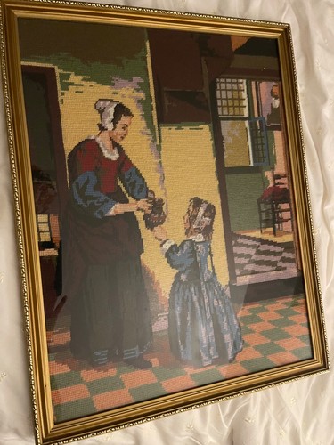 Framed beautiful wool embroidered tapestry Pieter de Hooch