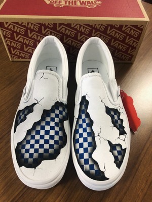 dark blue checkered slip on vans
