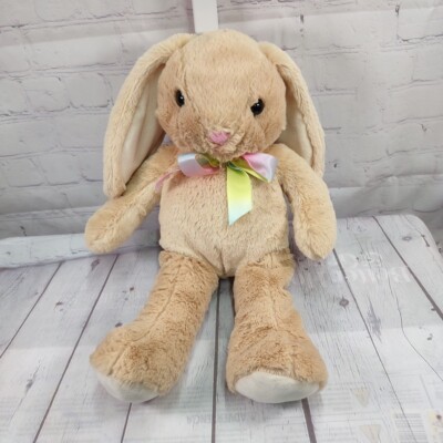 Goffa Bunny Rabbit 18  Plush Soft Beige Tan Floppy Ears Rainbow Ribbon Bow