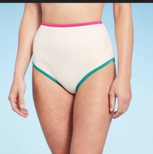 Women's Contrast Binding High Waist Bikini Bottom - Shade Shore White L 12-14