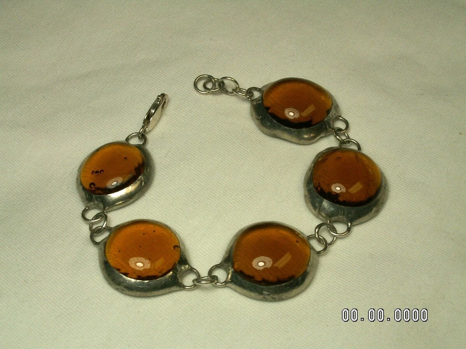 ...Sterling Silver & Pewter Domed Amber Glass Sections Bracelet,,, - Image 4 of 4