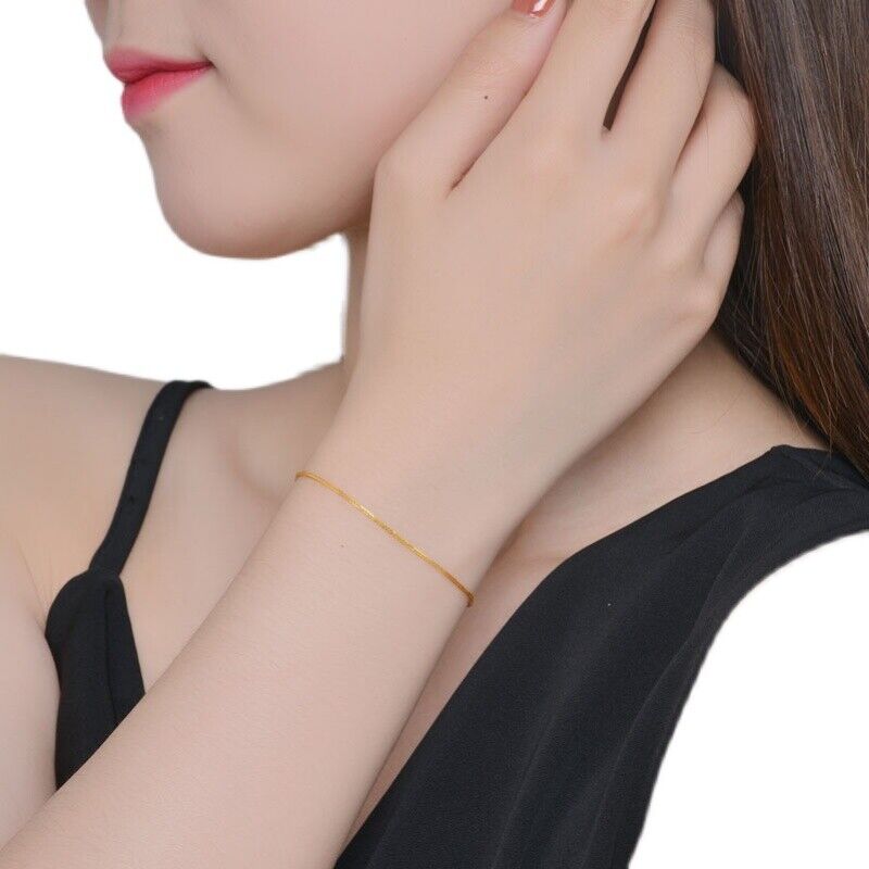 Pure 24K 999 Yellow Gold Bracelet Woman 1mm Thin Wheat Link Chain Bracelet