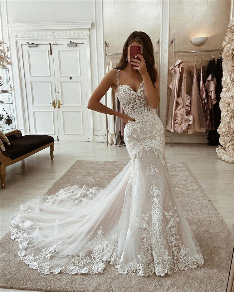 White Applique Lace Mermaid Wedding Dresses Long Train Bridal Gowns with  Straps | eBay