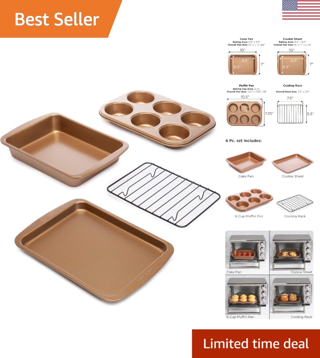 Non-Stick Toaster Oven Bakeware Set 4-Piece, Carbon Steel, Easy to Clean and ...