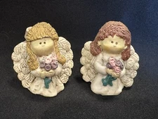Suzi Skoglund Angels with Flower Bouquets Blossom Bucket Figurines ~ Set of 2