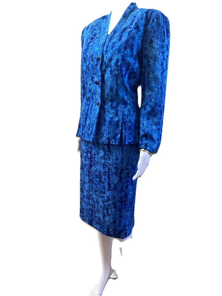 Anne Crimmins Umi Collection Size 10 Silk Skirt Suit Blue Watercolor Print VTG - Image 3 of 4