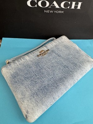 NWT Coach Large Corner Zip Wristlet In Loved Denim Gold/ Indigo | eBay