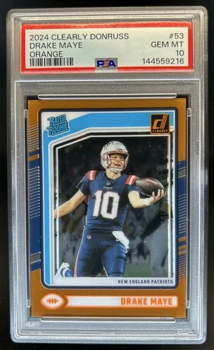 2024 Panini Clearly Donruss Drake Maye Orange Rated Rookie #/199 Patriots PSA 10