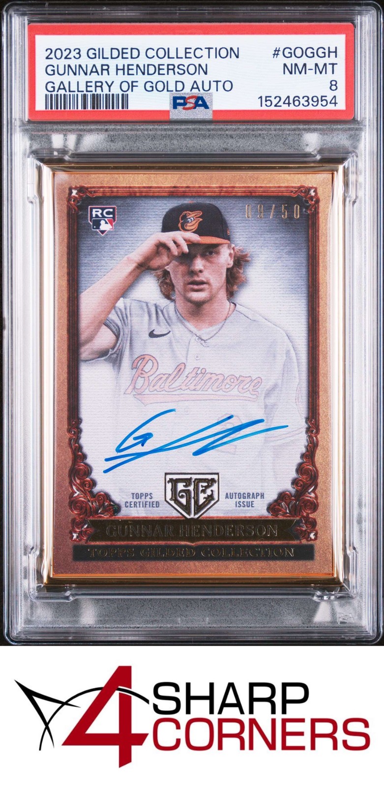2023 TOPPS GILDED COLL GALLERY OF GOLD AUTO GUNNAR HENDERSON RC #/50 POP 2 PSA 8
