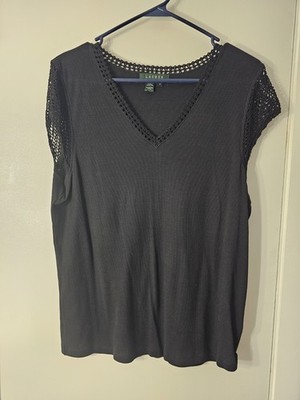 Ralph Lauren 1X Black Knit V-Neck Top with Crochet Sleeves
