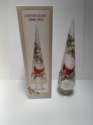 Lighted Glass Cone Tree Christmas Decor Cardinal & Holly Battery Operated 14 in