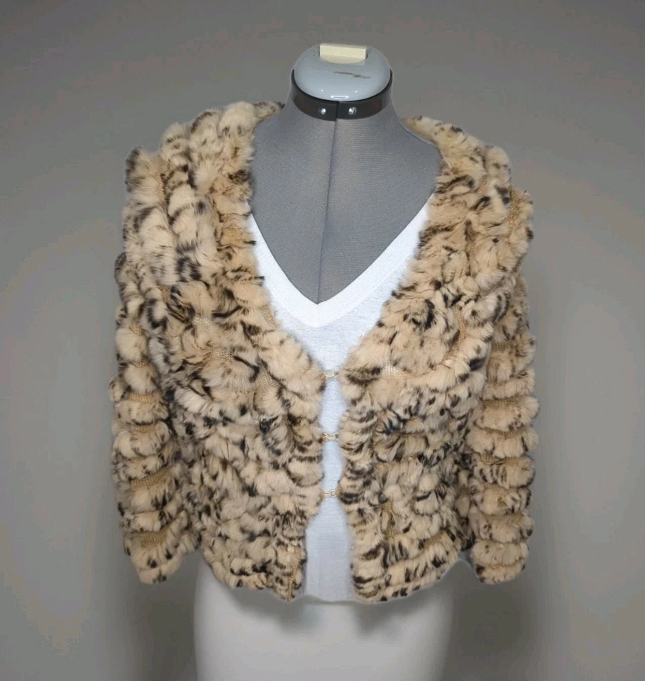 $275 BCBGMAXAZRIA Real Rabbit Fur Cardigan Shawl Sweater Women Small Genuine Tan - Image 2 of 4