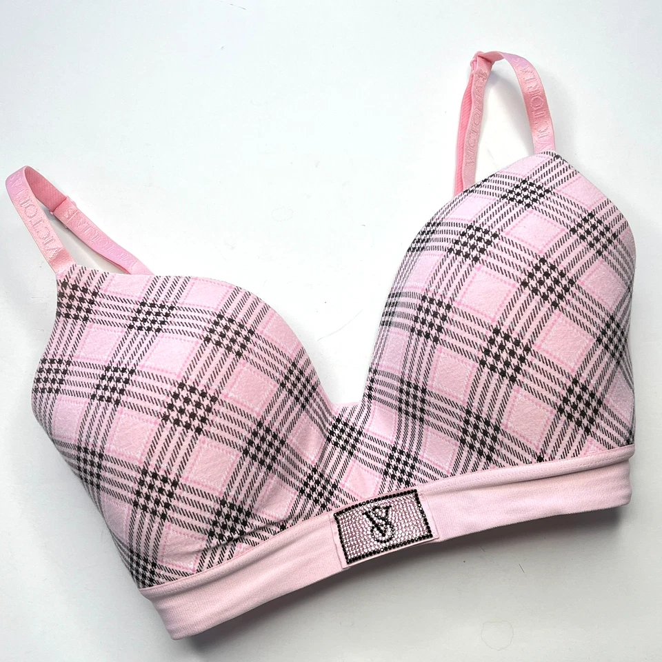Victorias Secret Lightly Lined Shine Patch T-Shirt Bra 32DDD Wireless Pink Plaid - Image 2 of 4