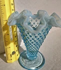 Vintage Fenton Opalescent Blue Hobnail French Ruffled Edge  Small Vase