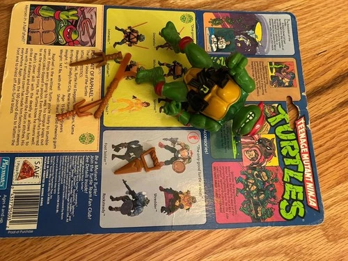 Vintage 1988 TMNT Ninja Turtles Hard Head Raphael Figure, Near Complete, Card