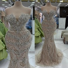 Aso Ebi Mermaid V-neck Ball Dress Phantom Flower Bead Lace Crystal Evening Gown