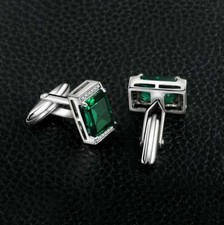 3 CT Emerald Cut Lab Created Green Emerald Men's Cufflink 14K White Gold Plated
