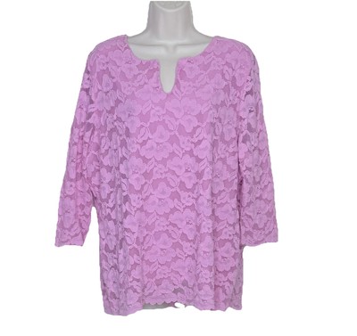 Women s I.N.C. Woman Pink Floral Lace Top Plus Size 1X Lined 3/4 Sleeves V-Neck