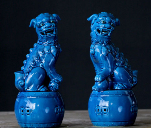 11" China Bule Porcelain Pottery Foo Fu Guardion Lion Beast Drum Pair Statue - Picture 1 of 6