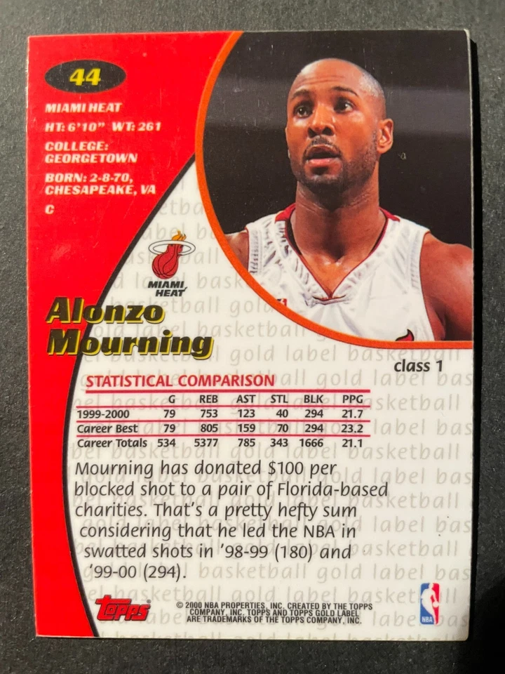 Alonzo MOURNING 2000-01 Topps Gold Label Class 1 #44 Miami Heat - Image 2 of 2