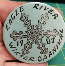1987 Winter Carnival Eagle River Alaska button  Snowflake design with silver 