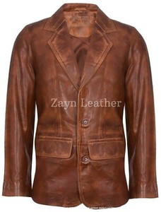 Veste de blazer brun décontraction en cuir véritable TWO BUTTON Manteau pour homme