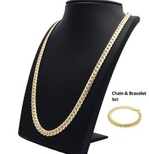 Mens Miami Cuban link Chain  Bracelet Set 8mm 14k Gold Plated Necklace