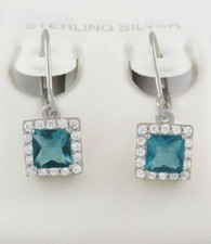 LAB CREATED 1.56 Cts AQUAMARINE  WHITE SAPPHIRE DANGLING EARRINGS .925 SILVER