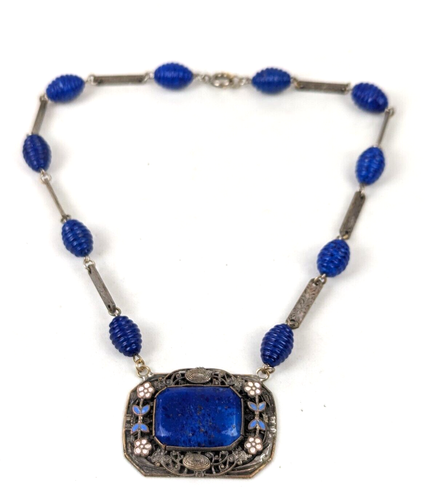 1920s Art Deco Czech Blue Lapis Glass Enamel Flower Floral Filigree Necklace - Picture 7 of 14
