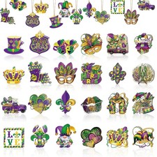 DECYOOL 48 PCS Mardi Gras Wooden Ornaments Hanging Decoration Multi Color