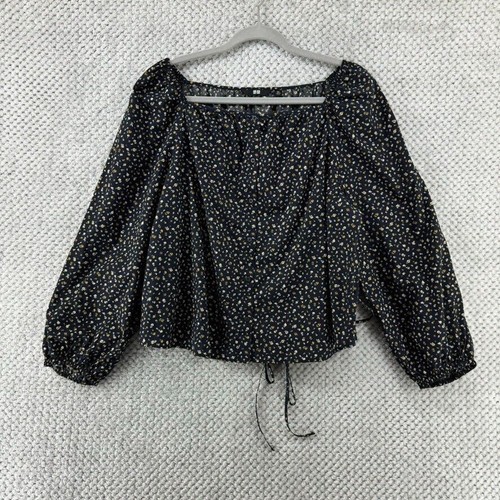Uniqlo Top Womens XXL Black Floral Square Neck Ballon Sleeves Button Front Tie