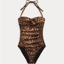 NWT Ralph Lauren Leopard Twist-Front Bandeau One-Piece Swimsuit Size 16