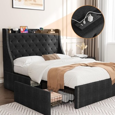 Queen/Full Size Bed Frame Platform Bed w/Tufted Wingback Headboard and Drawers