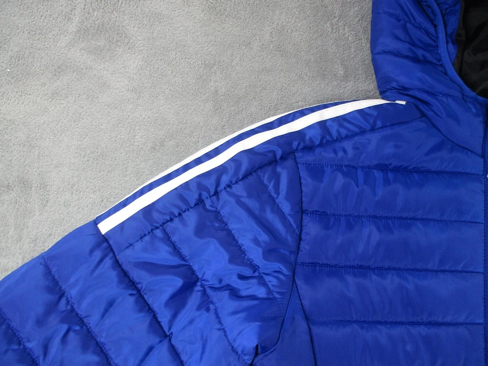 Chaqueta Adidas Juvenil Grande Azul Capucha Puffer Abrigo Cremallera Completa 3 Rayas Aislado Foto 3 de 4
